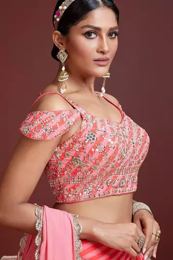 PEACH ZARI SEQUINS EMBROIDERed ORGANZA SILK SEMI STITCHED LEHENGA