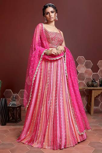 MARVELOUS PINK DIGITAL POSITION PRINT AND EMBROIDERY WITH REAL MIRROR CHINNON SILK FESTIVAL PARTY DESIGNER LEHENGA CHOLI
