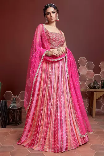 PINK DIGITAL PRINT MIRROR EMBROIDERY  CHINNON SILK LEHENGA CHOLI