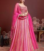 PINK DIGITAL PRINT MIRROR EMBROIDERY  CHINNON SILK LEHENGA CHOLI