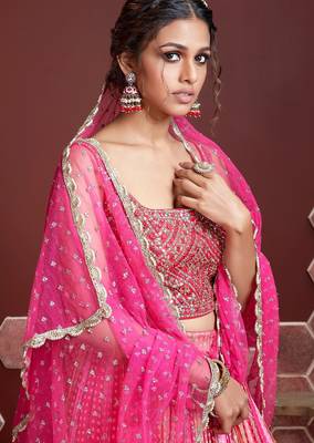 PINK DIGITAL PRINT MIRROR EMBROIDERY  CHINNON SILK LEHENGA CHOLI 2