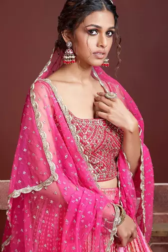 PINK DIGITAL PRINT MIRROR EMBROIDERY  CHINNON SILK LEHENGA CHOLI