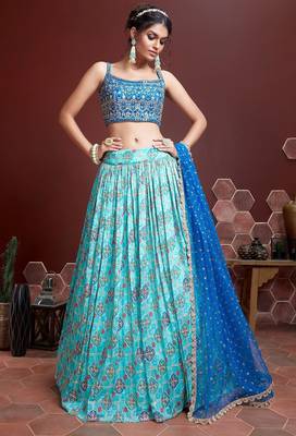 SKY BLUE DIGITAL PRINT MIRROR EMBROIDERY  CHINNON SILK LEHENGA CHOLI 1
