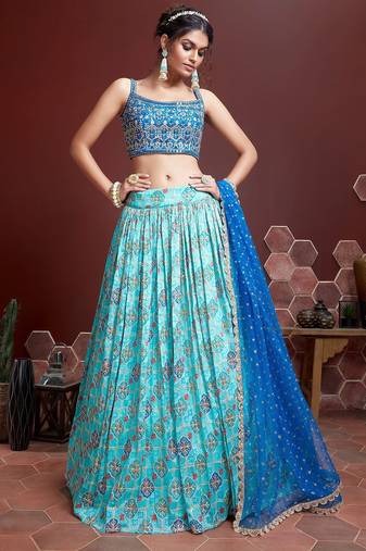 PHENOMENAL SKY BLUE DIGITAL POSITION PRINT AND EMBROIDERY WITH REAL MIRROR CHINNON SILK FESTIVAL DESIGNER LEHENGA CHOLI