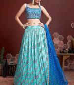 SKY BLUE DIGITAL PRINT MIRROR EMBROIDERY  CHINNON SILK LEHENGA CHOLI