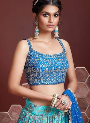 SKY BLUE DIGITAL PRINT MIRROR EMBROIDERY  CHINNON SILK LEHENGA CHOLI 2