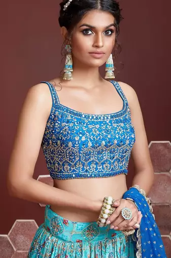 SKY BLUE DIGITAL PRINT MIRROR EMBROIDERY  CHINNON SILK LEHENGA CHOLI
