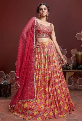 RED DIGITAL PRINT MIRROR EMBROIDERY  CHINNON SILK LEHENGA CHOLI 1