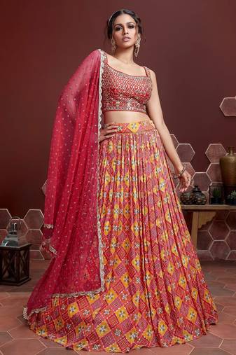 FANTASTIC RED DIGITAL POSITION PRINT AND EMBROIDERY WITH REAL MIRROR CHINNON SILK FESTIVAL DESIGNER LEHENGA CHOLI