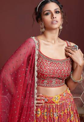 RED DIGITAL PRINT MIRROR EMBROIDERY  CHINNON SILK LEHENGA CHOLI 2