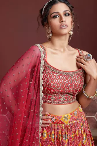 RED DIGITAL PRINT MIRROR EMBROIDERY  CHINNON SILK LEHENGA CHOLI