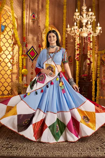 SKY BLUE VISCOSE COTTON THREAD EMBROIDERED MIRROR WORK STITCHED lehenga choli