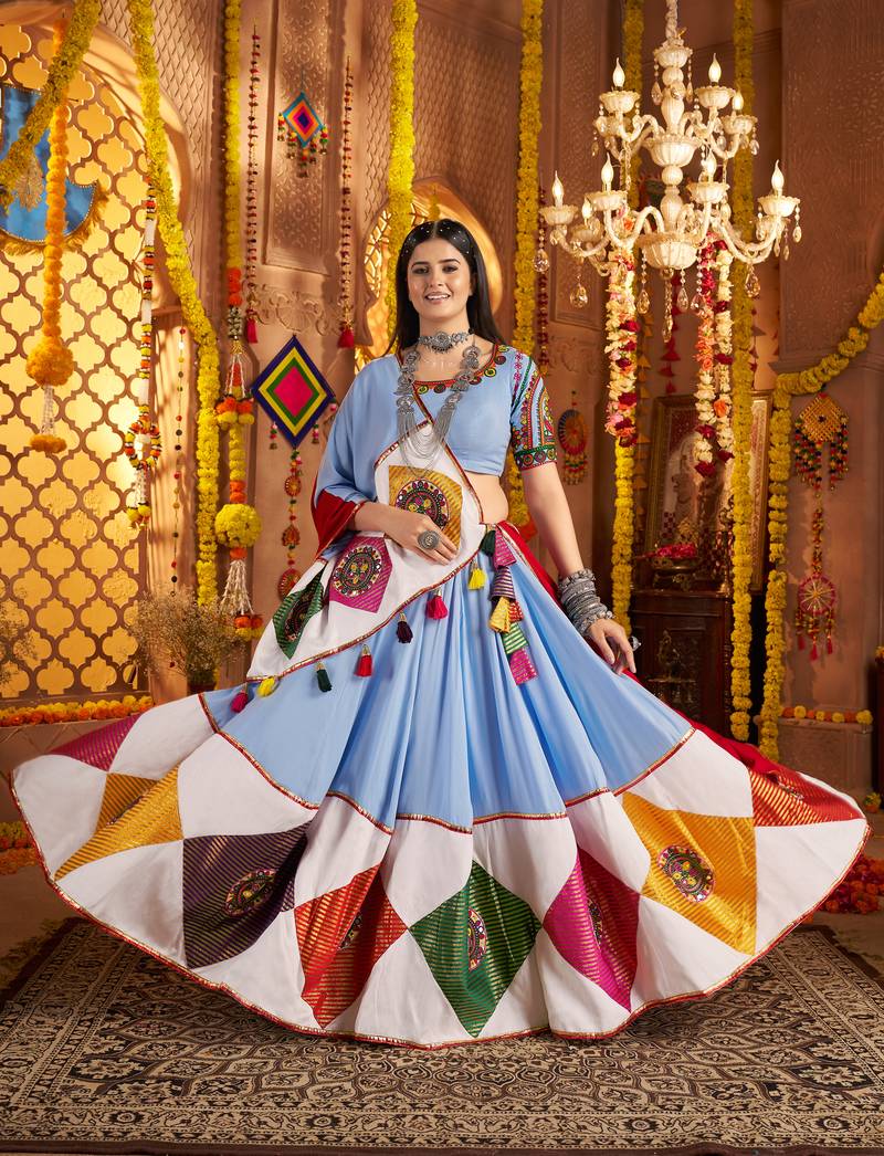 SKY BLUE VISCOSE COTTON THREAD EMBROIDERED MIRROR WORK STITCHED lehenga choli