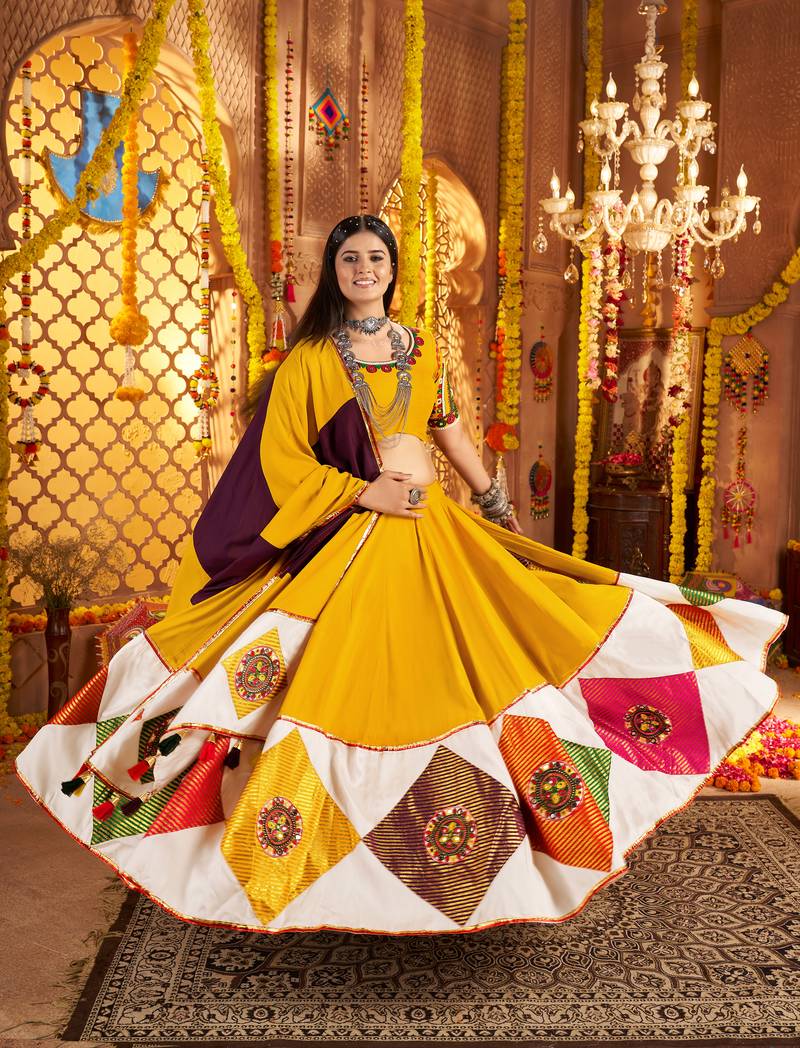MUSTARD YELLOW  VISCOSE COTTON THREAD EMBROIDERED MIRROR WORK STITCHED lehenga choli