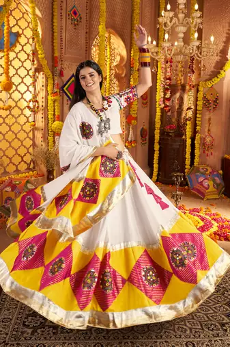 WHITE VISCOSE COTTON THREAD EMBROIDERED MIRROR WORK STITCHED lehenga choli