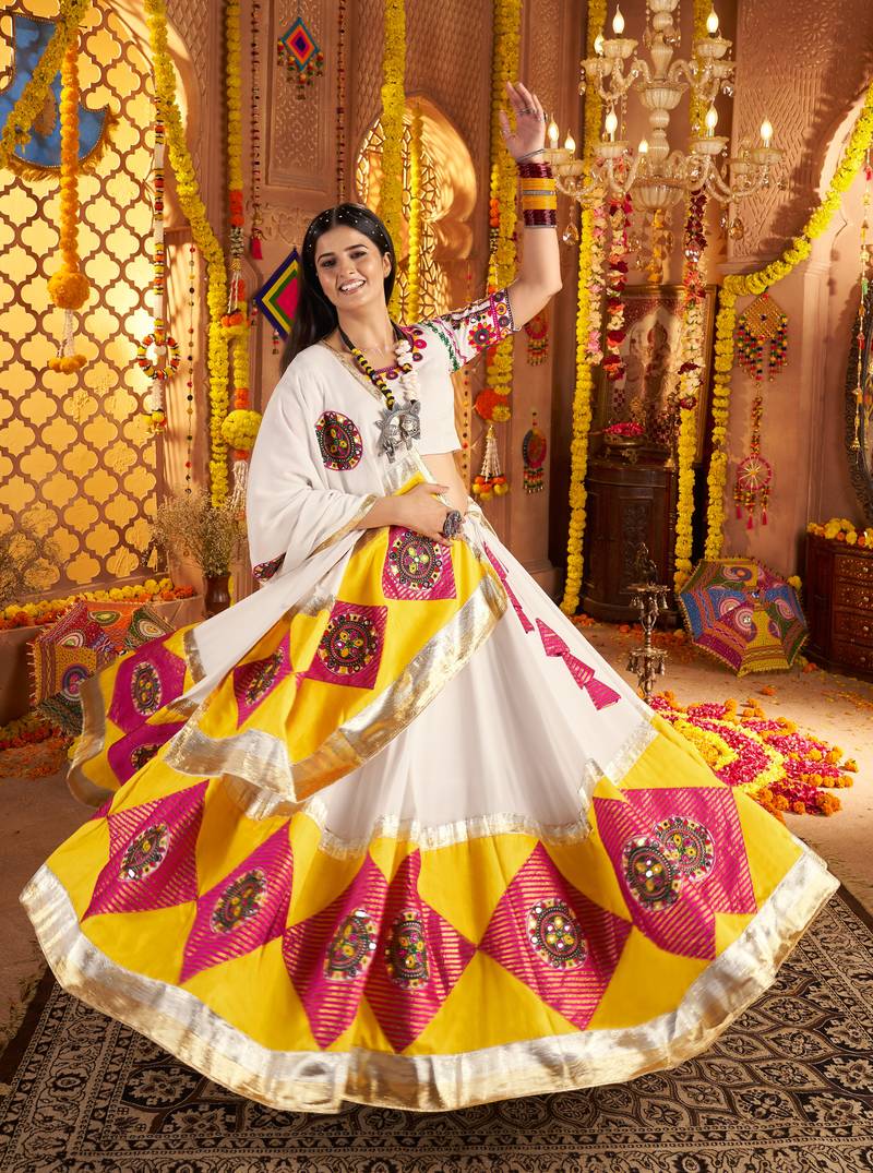 WHITE VISCOSE COTTON THREAD EMBROIDERED MIRROR WORK STITCHED lehenga choli