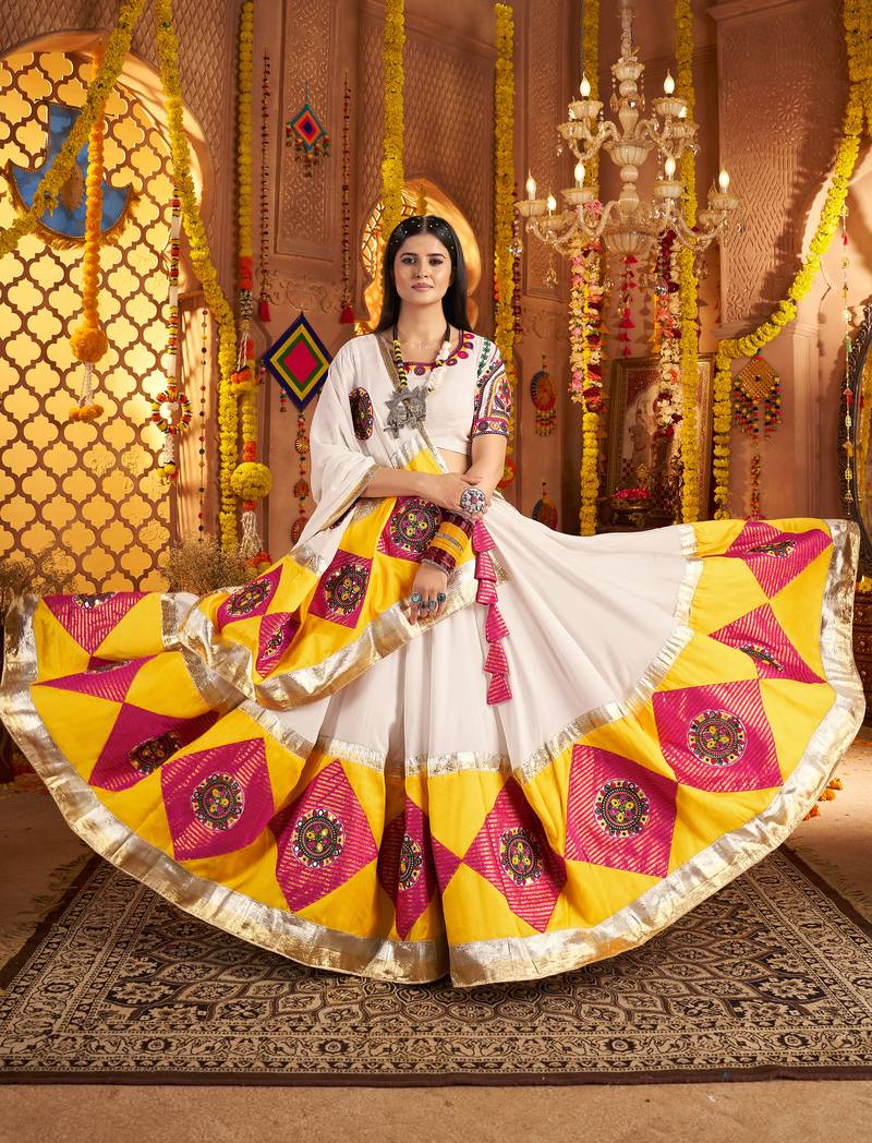 WHITE VISCOSE COTTON THREAD EMBROIDERED MIRROR WORK STITCHED lehenga choli