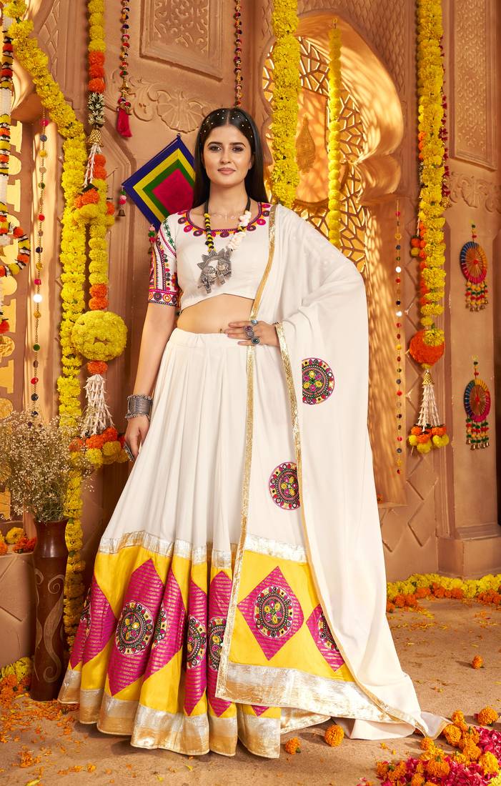 WHITE VISCOSE COTTON THREAD EMBROIDERED MIRROR WORK STITCHED lehenga choli