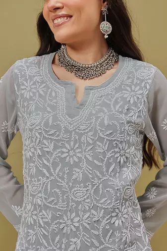 Hand Embroidered Grey Georgette Lucknow Chikankari Women Kurta With Slip