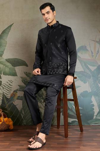 Black silk thead & sequins embroidered with real mirror work wedding festival party wear straight kurta pant koti