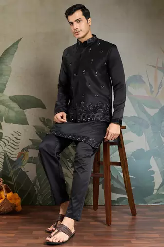 Black silk thead & sequins embroidered with real mirror work wedding festival party wear straight kurta pant koti
