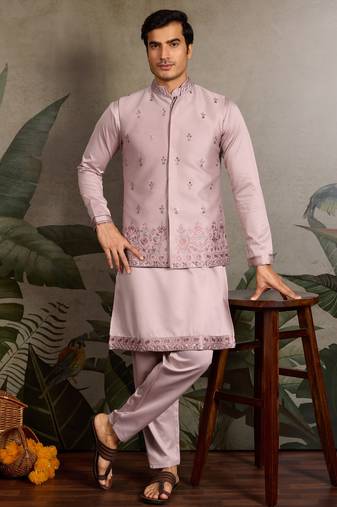 Light pink silk thead & sequins embroidered with real mirror work wedding festival party wear straight kurta pant koti