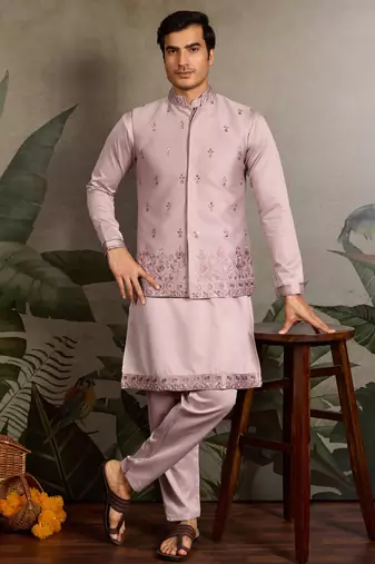 Light pink silk thead & sequins embroidered with real mirror work wedding festival party wear straight kurta pant koti