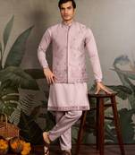 Light pink silk thead & sequins embroidered with real mirror work wedding festival party wear straight kurta pant koti