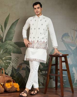 White silk thead & sequins embroidered with real mirror work wedding festival party wear straight kurta pant koti 1