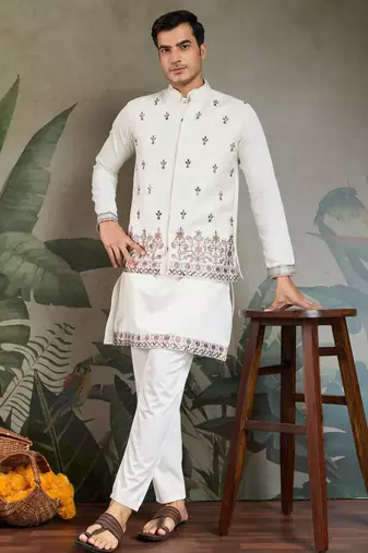White silk thead & sequins embroidered with real mirror work wedding festival party wear straight kurta pant koti