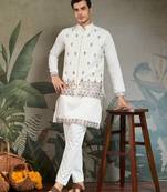 White silk thead & sequins embroidered with real mirror work wedding festival party wear straight kurta pant koti
