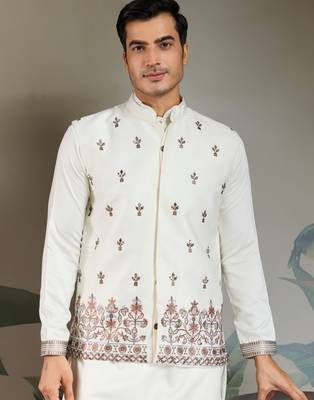 White silk thead & sequins embroidered with real mirror work wedding festival party wear straight kurta pant koti 3