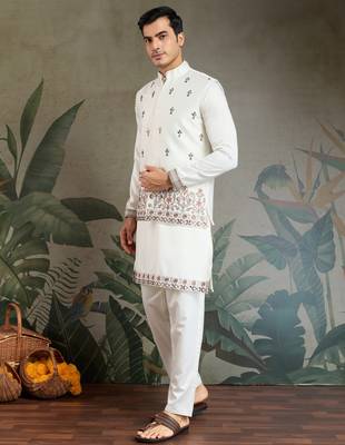 White silk thead & sequins embroidered with real mirror work wedding festival party wear straight kurta pant koti 4