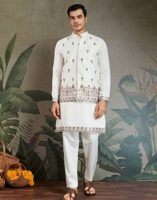 White silk thead & sequins embroidered with real mirror work wedding festival party wear straight kurta pant koti 6