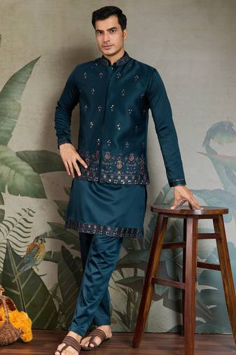 Turquoise silk thead & sequins embroidered with real mirror work wedding festival party wear straight kurta pant koti