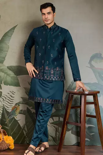 Turquoise silk thead & sequins embroidered with real mirror work wedding festival party wear straight kurta pant koti