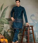 Turquoise silk thead & sequins embroidered with real mirror work wedding festival party wear straight kurta pant koti