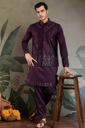 Purple silk thead & sequins embroidered with real mirror work wedding festival party wear straight kurta pant koti