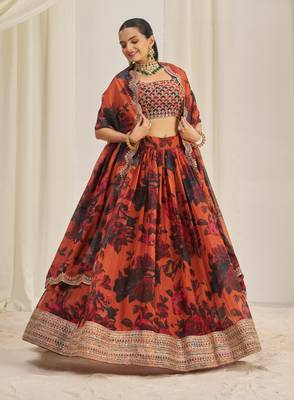 ORANGE ZARI SEQUINS EMBROIDEREY FLORAL PRINTED ORGANZA LEHENGA CHOLI 1