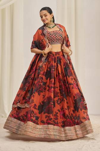 ORANGE ZARI SEQUINS EMBROIDEREY FLORAL PRINTED ORGANZA LEHENGA CHOLI