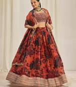 ORANGE ZARI SEQUINS EMBROIDEREY FLORAL PRINTED ORGANZA LEHENGA CHOLI