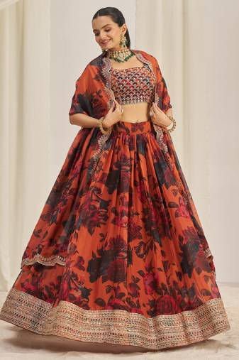 ORANGE ZARI SEQUINS EMBROIDEREY FLORAL PRINTED ORGANZA LEHENGA CHOLI