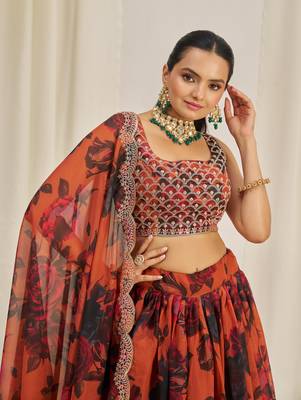 ORANGE ZARI SEQUINS EMBROIDEREY FLORAL PRINTED ORGANZA LEHENGA CHOLI 3