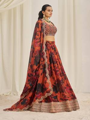 ORANGE ZARI SEQUINS EMBROIDEREY FLORAL PRINTED ORGANZA LEHENGA CHOLI 4