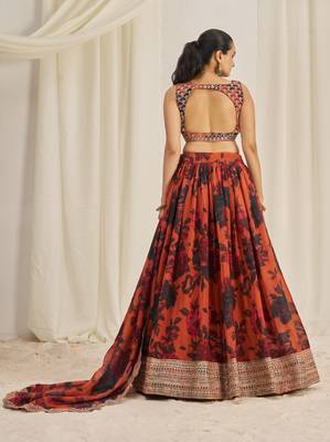 ORANGE ZARI SEQUINS EMBROIDEREY FLORAL PRINTED ORGANZA LEHENGA CHOLI 5