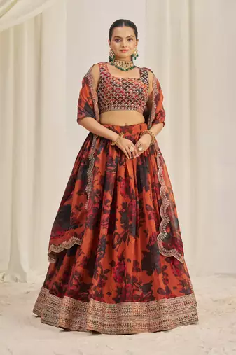 ORANGE ZARI SEQUINS EMBROIDEREY FLORAL PRINTED ORGANZA LEHENGA CHOLI