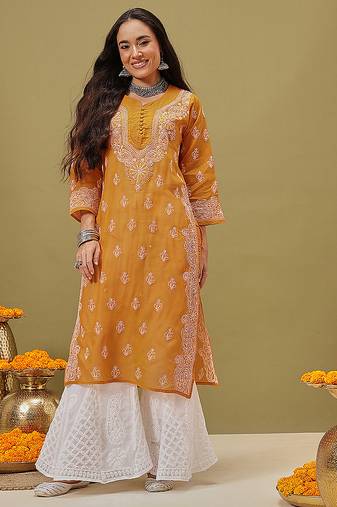 Hand embroidered mustard cotton lucknowi chikankari straight kurta