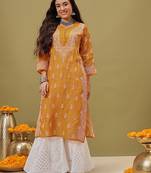 Hand embroidered mustard cotton lucknowi chikankari straight kurta