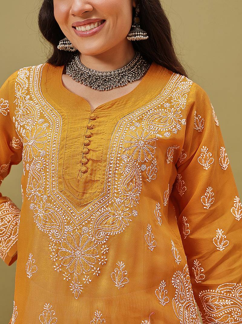 Hand embroidered mustard cotton lucknowi chikankari straight kurta