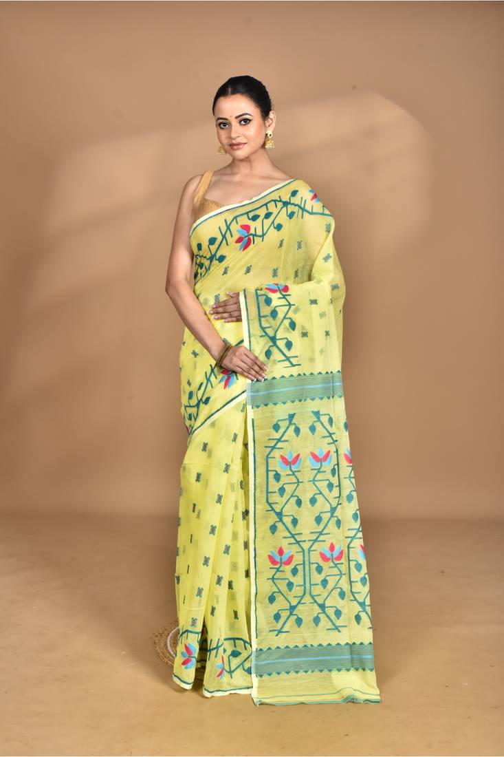 yellow cotton dhakai jamdani handloom saree with blouse
